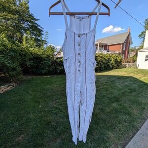 O'Neill Womens XS White Brown Striped Button Front Linen Blend Jumpsuit Overalls